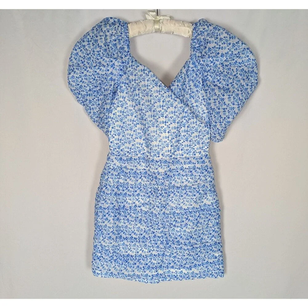 C/Meo Collective Dress 4 Women's Blue Floral Puff Sleeve Mini Come Across Dainty - Picture 2 of 9